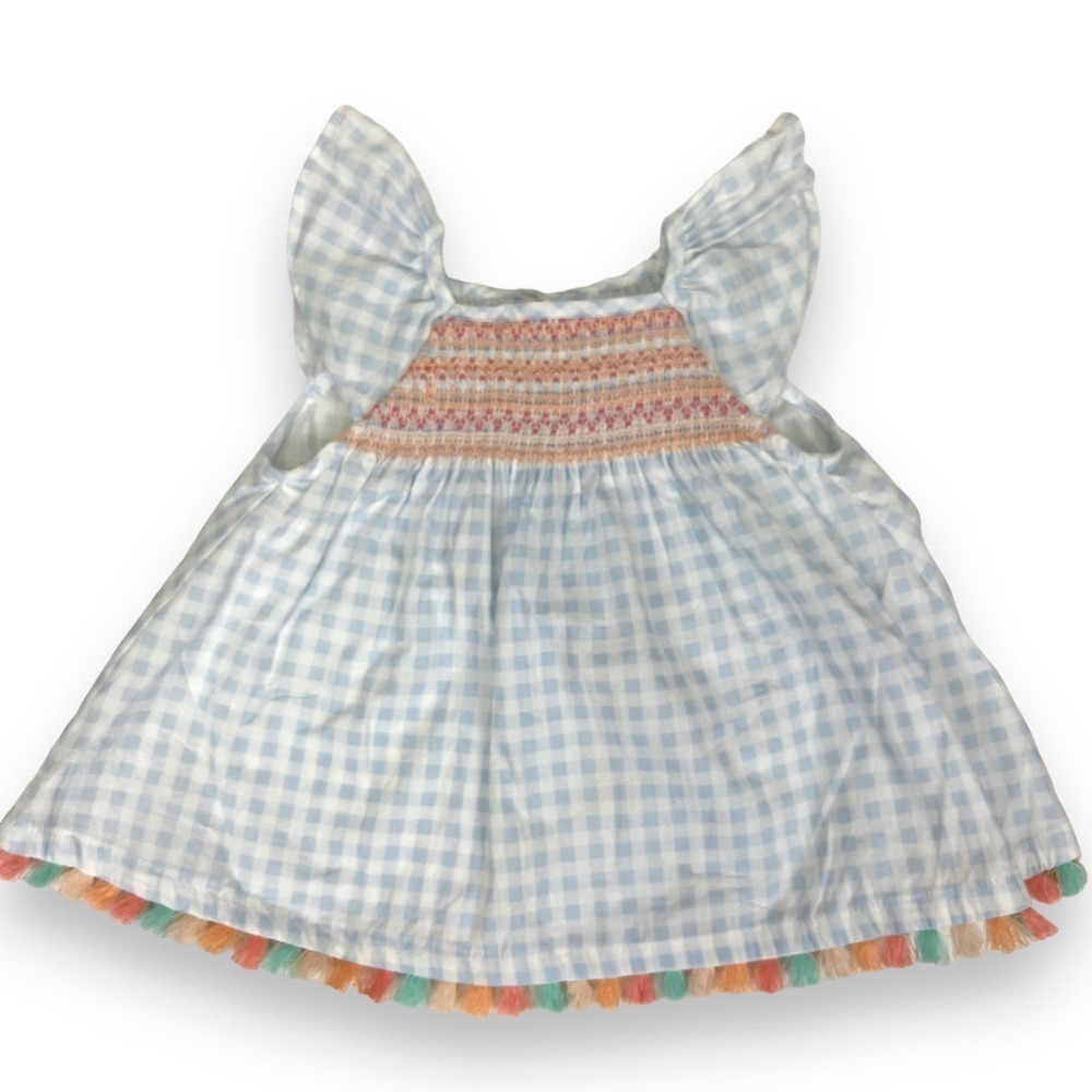 Artisan NY Dress 18 Months Blue 100% Cotton Smocked Ruffle Fringe Gingham Cute